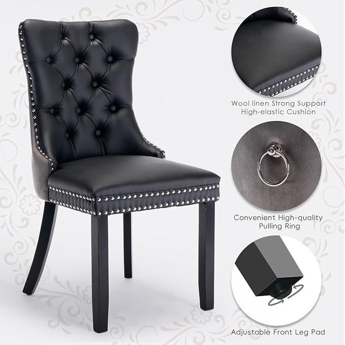 Leather Upholstered Dining Chairs Set of 2, Modern Style Kitchen Side Chairs with Nailhead Trim and Wood Leg, Metal Pulling Ring for Dining Room Living Room(Black&Grey,Set of 2)