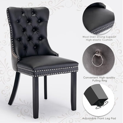 Leather Upholstered Dining Chairs Set of 6, Modern Style Kitchen Side Chairs with Nailhead Trim and Wood Leg, Metal Pulling Ring for Dining Room Living Room(Black&Grey,Set of 6)