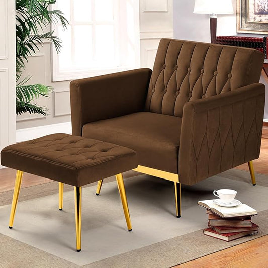 Velvet Accent Chair with Adjustable Armrests and Backrest, Button Tufted Lounge Chair, Single Recliner Armchair with Ottoman and Pillow for Living Room, Bedroom, Brown