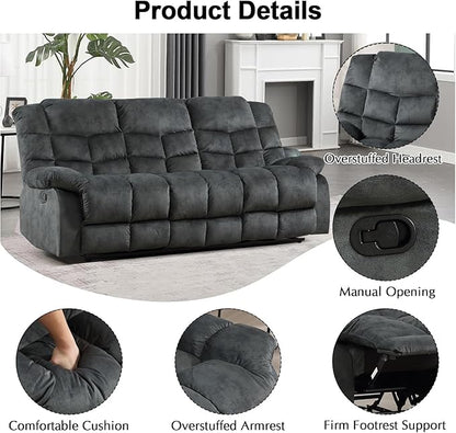 CANMOV Manual Reclining Sofa, 3 Seat Recliner Sofa with Armrest and Overstuffed Backrest, Couch Set for Living Room, Bedroom, Office, Grey