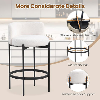 COSTWAY Counter Height Bar Stools Set of 4, 24.5 Inch Boucle Modern Barstools w/Curved Backrest, Metal Frame, Comfy Footrest, Upholstered Island Chairs for Dining Room, Kitchen, Cafe, 400 LBS Max Load