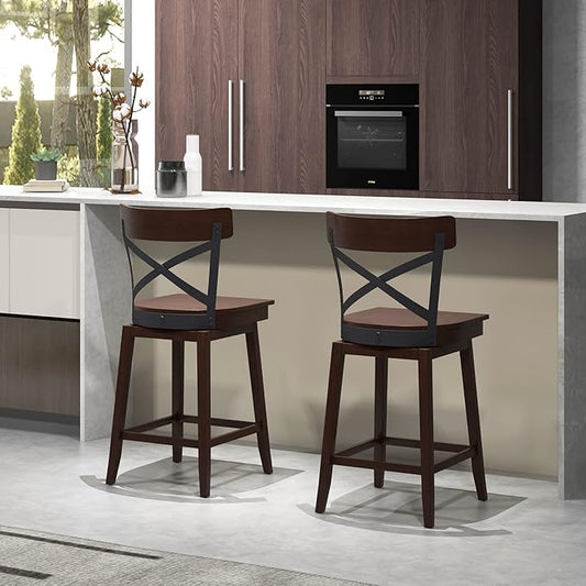 COSTWAY Swivel Bar Stool Set of 2, 24 Inch Ergonomic Counter Height Chairs with Open X Back & Footrest, 2PCS Vintage Wooden Barstools for Kitchen Island, Pub, Bistro, Café, Brown (2, 24 inch)