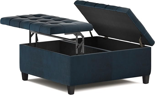 SIMPLIHOME Harrison 36 inch Wide Traditional Square Coffee Table Storage Ottoman in Distressed Dark Blue Vegan Faux Leather, Assembled, For the Living Room and Bedroom