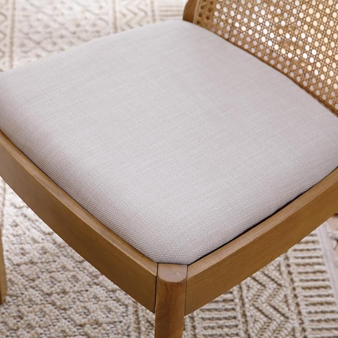 Upholstered Wooden Dining Chairs Set of 6, Farmhouse Kitchen & Dining Room Chairs with Cane Back, Accent Dining Table Chairs Beige Linen Seat for Kitchen/Restaurant/Living Room, Beige