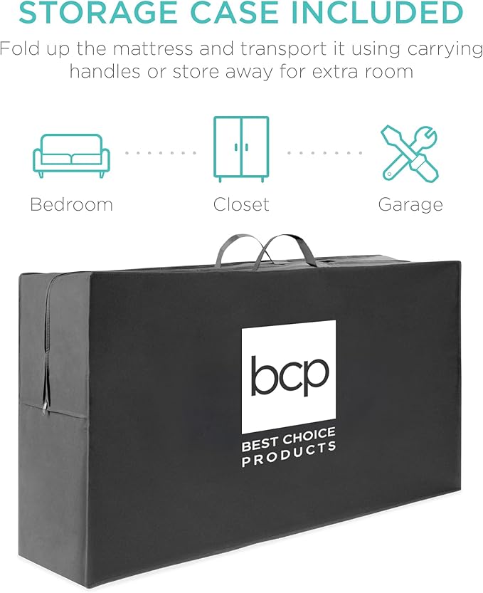 Best Choice Products 4in Portable Full-Size Mattress, Tri-Fold Mattress for Camping, Guest, Toddler, Foam Plush w/Carry Case - Taupe