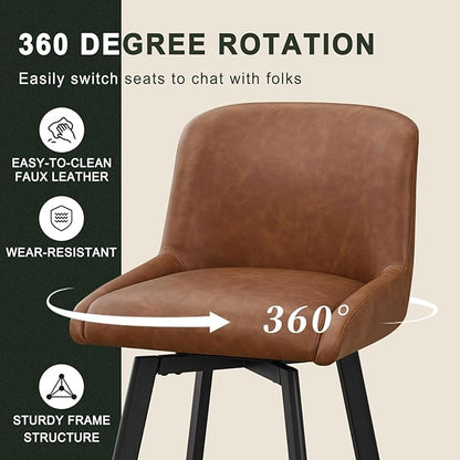 Swivel Bar Stools Set of 2, 30''H Upholstered Barstools with Backs, Modern Counter Height Bar Stool Chairs for Kitchen Island, Metal Legs, Faux Leather, Brown Counter Stools