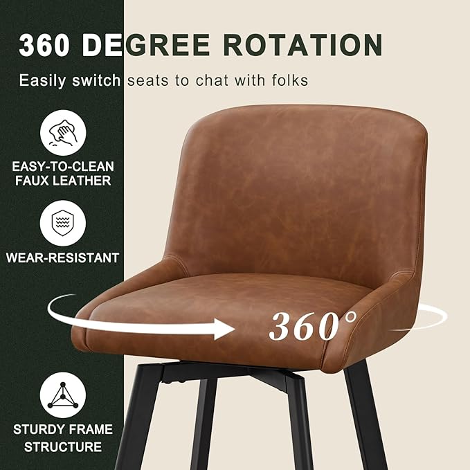 Swivel Bar Stools Set of 4, 30''H Upholstered Barstools with Backs, Modern Counter Height Bar Stool Chairs for Kitchen Island, Metal Legs, Faux Leather, Brown Counter Stools