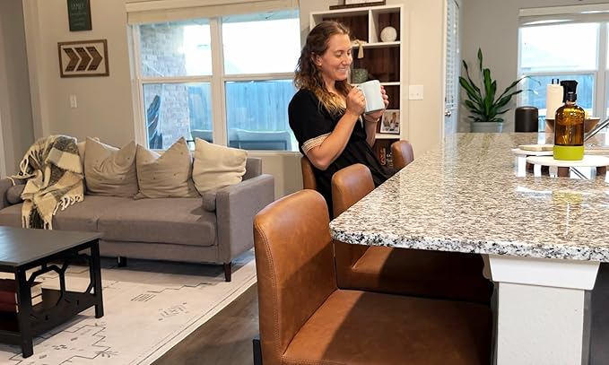 ALPHA HOME 24 Inch Bar Stools, Kitchen Counter Stools with Backs, PU Leather Barstools, Kitchen Stools with Back&Upholstered Footrest, Sturdy Chromed Metal Steel Frame, Brown