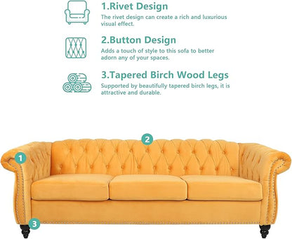 Home Sofa Living Room Furniture, 3 Seater 84" Velvet Upholstered Couch, Mid Century Modern Comfy Couch with Cushions, Classic Tufted Chesterfield Couches for Bedroom, Office, Apartment (Yellow)