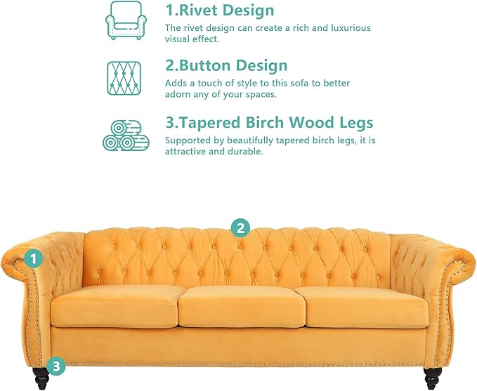 Living Room Velvet Sofa and Loveseat set, Mid Century Modern Upholstered Couch with Cushions, 2-Piece Home Sofa Furniture Sets, Comfy Tufted Chesterfield Couches for Living Room, Bedroom, Office