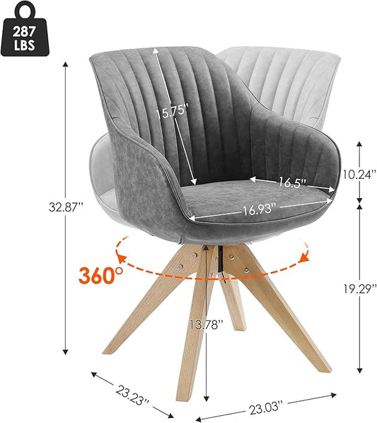 Zouron Mid Century Modern Accent Chair with Oak Wood Legs, Upholstered Swivel Chair No Wheels, Side Accent Armchair Vanity Chair for Small Space Home Office Living Room Bedroom, Gray