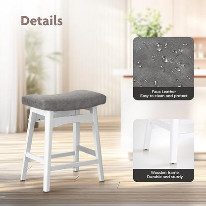 ALPHA HOME Bar Stools Set of 3, Solid Wood Saddle Kitchen Stools with Grey PU Leather Cushion Counter Height Barstools with Wooden Base for Kitchen Dining Cafe, 24 Inch, Grey, 3PCS