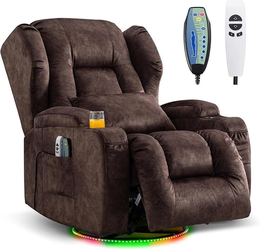 Power Swivel Rocker Recliner Chairs, Electric Wall Hugger Reclining Sofa with Massage & Heat, Comfy Theater Seating Single Sofa with LED Light/USB/Type-C Ports (Velvet Brown, Single Chair)