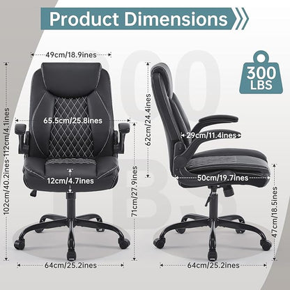YFO Leather Office Ergonomic Home Office Desk Chair, Back Support Swivel Executive Office Chair with Wheels and Flip-Up Armrests, Small Gaming Chair with Adjustable Rocking Function, Black