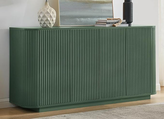 LKTART 64" Buffet Cabinet with Storage, Modern Fluted Accent Sideboard Media Console Credenza with Adjustable Shelves Pressed Spring for Kitchen Living Room,31.5" H (Green)