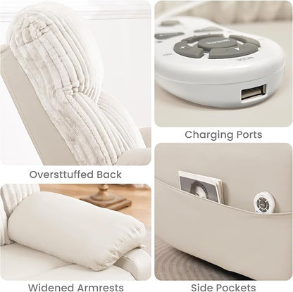 Power Swivel Rocker Recliner Chair with Massage and Heat for Adults, Electric Infinite Position Recliner with USB Charging Port, Corduroy and PU Leather Mixed Fabric, Easy Assembly (Ivory)