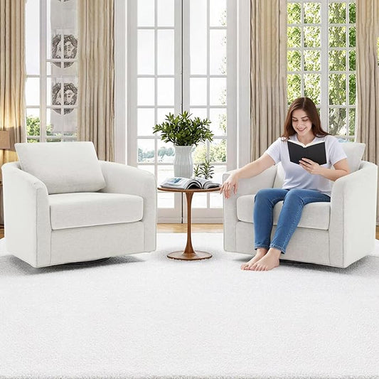 MINCETA Accent Chairs Set of 2, 360° Swivel Barrel Chair with High Density Foam, Oversized Reading Chair with Performance Fabric Upholstered Armchair for Living Room, Bedroom, Apartment White