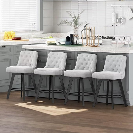 MINCETA Bar Stools Set of 4, 26 Inch Upholstered Barstools with Low Tufted Back and Footrest, Swivel Counter Height Barstools for Kitchen Island Home Bar Performance Fabric Greige