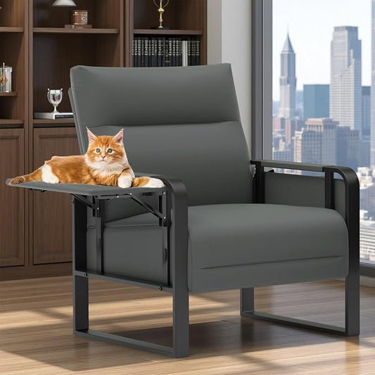 Faux Leather Accent Chair, Upholstered Armchair with Side Tray & Pocket, Comfy Reading Chair for Living Room, Bedroom, Guest Room, Gray