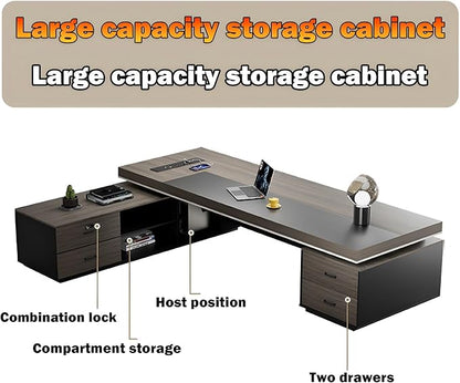 Modern Large Desk, Modern L-shaped Desk With Side Cabinets, Executive Desk With Combination Lock Drawer, Business Furniture Desk With Simple Cable Management (chair Not Included)(63x29.5x86.6inch)
