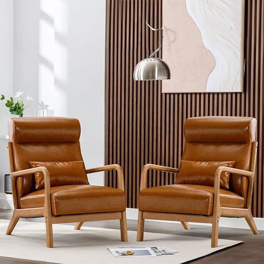 ANJHOME Mid Century Modern High Back Accent Chairs Set of 2, Single Lounge Armchair with Solid Wood Frame, Comfy Reading Chair for Living Room, Easy Assembly