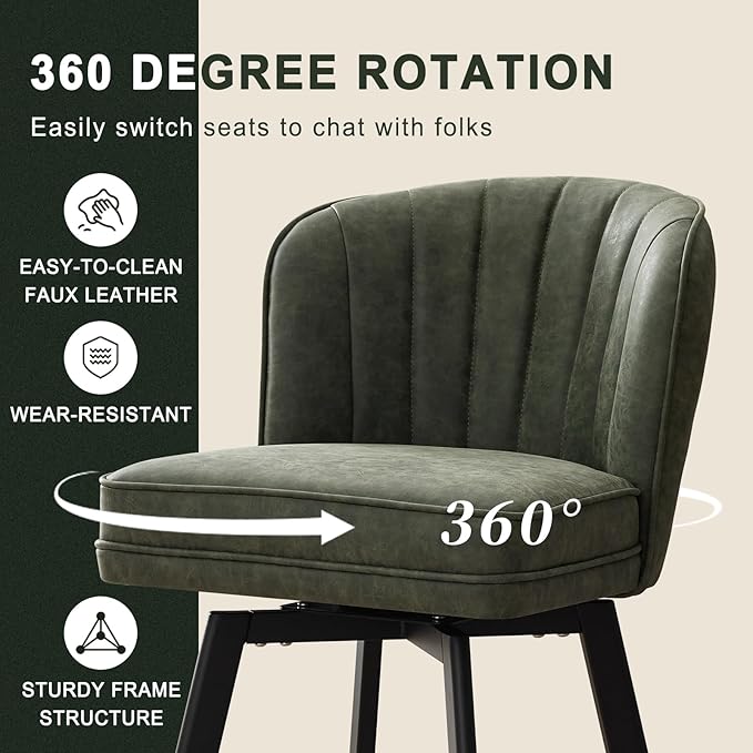 Swivel Counter Height Bar Stools Set of 2, 26'' Modern Barstools with Backs and Metal Legs, Upholstered Bar Chairs, Faux Leather Green Stools for Kitchen Island Chairs