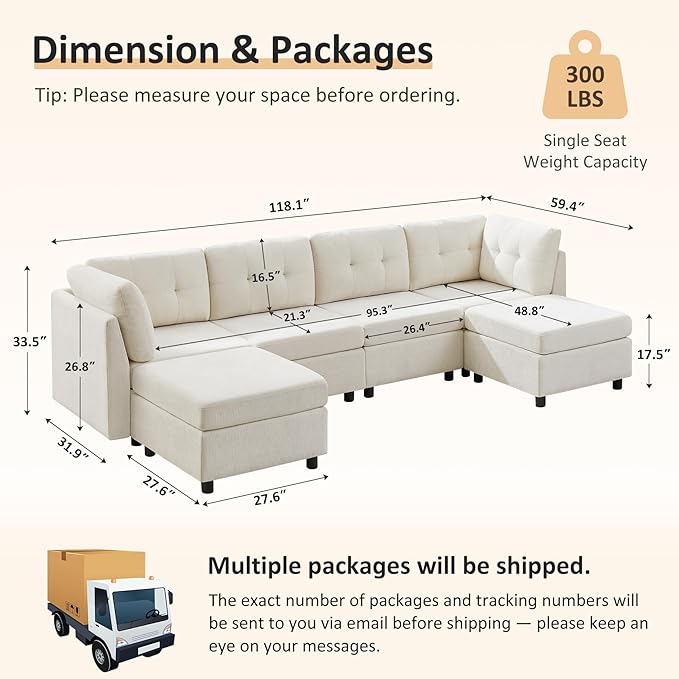 VANOMi 4 Seater Modular Sectional Sofa with 2 Ottomans, 118" Cloud Sofas & Couches, Comfy Chenille Sectional Couches for Living Room, Apartment, Office, Beige, U Shaped