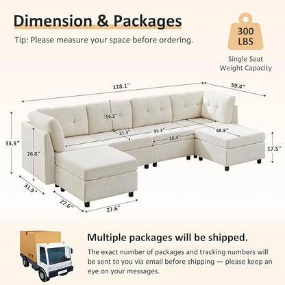 VANOMi 4 Seater Modular Sectional Sofa with 2 Ottomans, 118" Cloud Sofas & Couches, Comfy Chenille Sectional Couches for Living Room, Apartment, Office, Beige, U Shaped