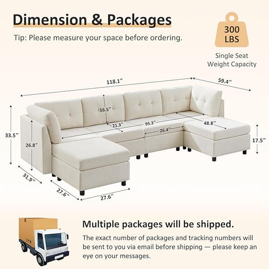 VANOMi 4 Seater Modular Sectional Sofa with 2 Ottomans, 118" Cloud Sofas & Couches, Comfy Chenille Sectional Couches for Living Room, Apartment, Office, Beige, U Shaped