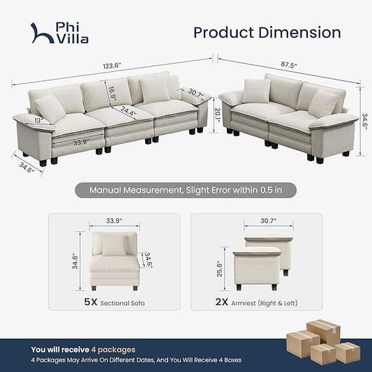 PHI VILLA Cloud Modular Couches Sets, 2 Pieces Comfy Sectional Sofa Set with Loveseat, 5-Seater Upholstered Couch for Living Room, Chenille Fabric, Beige