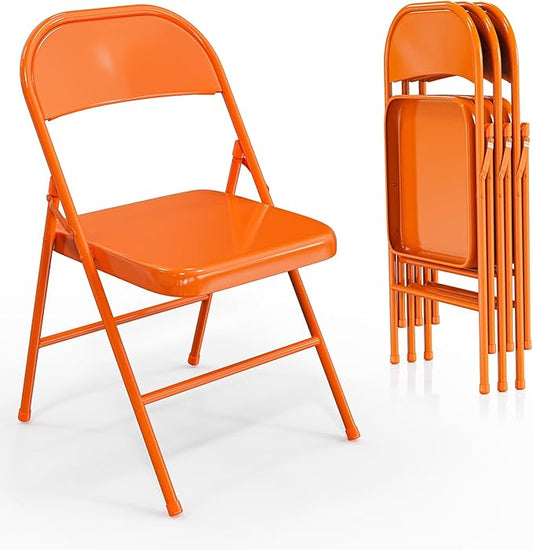 VINGLI Folding Chairs All Steel Metal Frame, Capacity 350 lbs, Durable Portable and Versatile for Indoor Outdoor Use, Orange, Set of 4