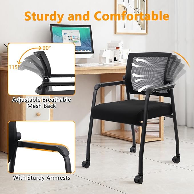 Office Guest Chairs No Wheels | Ergonomic Lumbar Support and Thicked Seats Cushion, Desk Chair with Adjustable Mesh Back for Waiting Room School Church Reception，Black 2PK