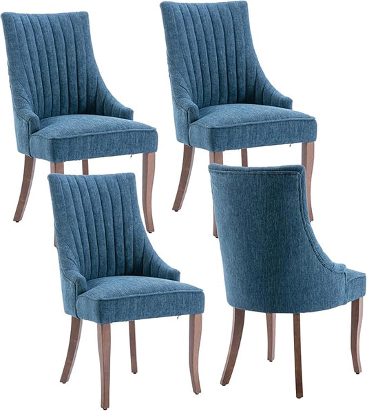 mikibama Linen Dining Chairs Set of 4 Channel Tufted Kitchen Dinner Chair Comfy Fabric Upholstered Accent Chair for Dining Room with Solid Wood Legs (Blue 4pc)