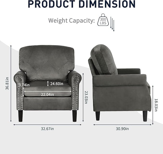 Accent Chairs for Living Room, Set of 2 Mid-Century Modern Upholstered Armchairs, Comfy Velvet Chair w/Wood Legs & Nailhead Trim, Wingback Chair for Bedroom, Grey