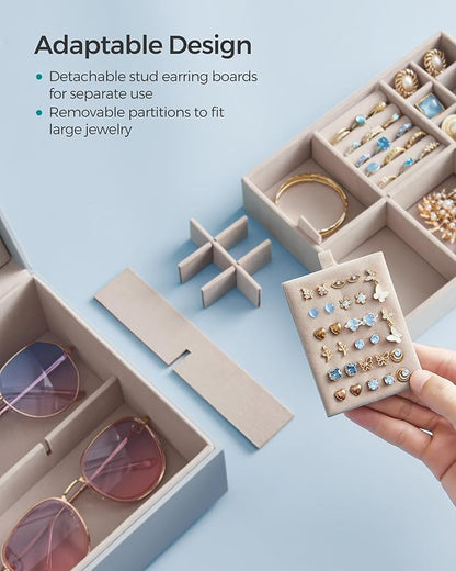 SONGMICS 2-Layer Jewelry Box, Jewelry Organizer with Handle, Removable Jewelry Tray, Jewelry Storage, Floating Effect, 8.1 x 9.4 x 4.3 Inches, Christmas Gift, Misty Blue UJBC165Q01