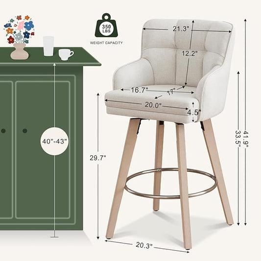 360°Swivel Counter Height Bar Stools with Back, 30 inch Solid Wood Legs, Bar Stool Modern Kitchen Island Chairs, Fabric (Beige- Fabric, 30" H- Set of 3)
