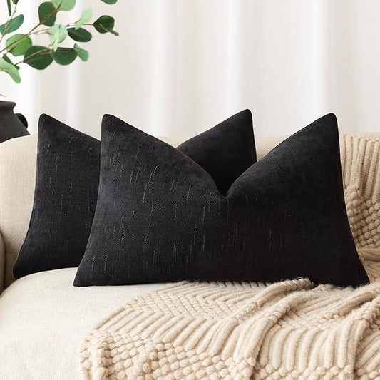 Foindtower Pack of 2 Soft Textured Chenille Throw Decorative Pillow Covers Lumbar Accent Solid Cushion Cover Cozy Farmhouse Pillow Case with Zipper for Couch Sofa Bedroom Living Room 12x24 Inch, Black