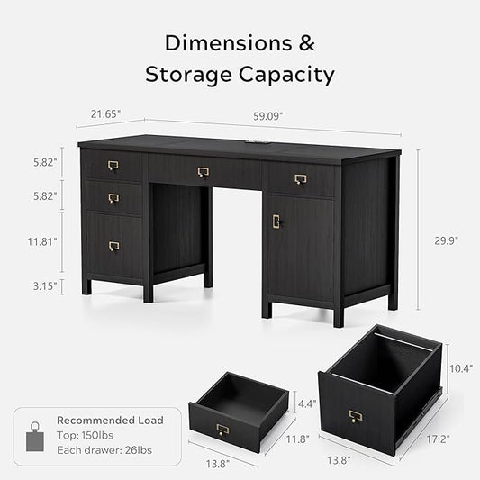 59" Executive Desk with File Drawers Cabinet, Modern Computer Desk with Charging Station, Keyboard Tray, Large Home Office Desk, Farmhouse Wood Desk for Study, Writing, Black