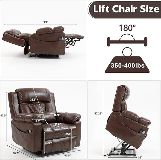 Big Man Power Lay Flat Lift Chair Oversized Recliner Dual Motor Heat Vibration for Elderly, Overstuffed Electric 28" Extra Wide Recliners with Flip Arm Storage Cup Holders,USB Type C Charging