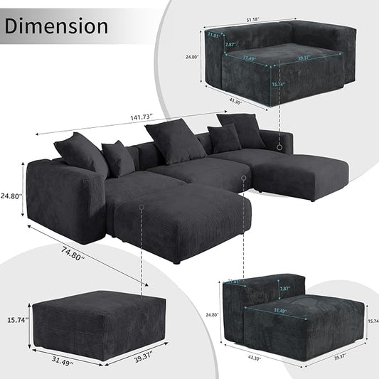 WJShome Cloud Couch Modular Sectional Sofa,141.73" U Shaped Sofa with 2 Ottomans,Black Corduroy Couch 5 Seater,Convertible Sectional Sofa for Living Room,Cushion Covers Removable& Washable