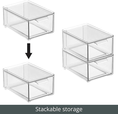 mDesign Plastic Bathroom Organizer Bin w/Pull Out Drawer - Slim Stackable Storage Container for Bathroom Accessories - Perfect for Organizing Bathroom Cabinet - Lumiere Collection - 4 Pack - Clear