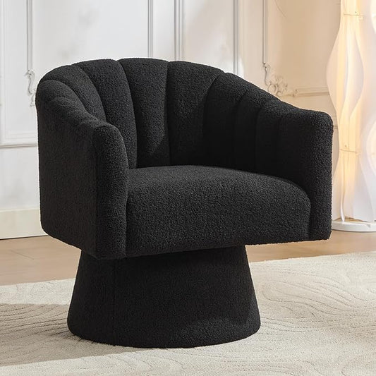 Swivel Accent Chair,Upholstered Teddy 360° Swivel Barrel Chair for Living Room Overstuffed Bouncle Reading Chair Round Armchair for Bedroom,Vanity,Office-Black