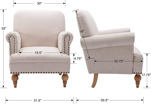 Linen Accent Chair Mid-Century Modern Living Room Armchair with Nailhead Trim & Wood Legs Comfy Upholstered Single Sofa Chair for Lounge/Bedroom/Reception, Cream