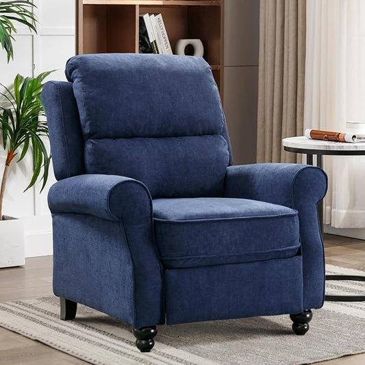 Push Back Recliner Chair, Fabric Armchair Overstuffed Pushback Recliner, Heavy Duty Single Sofa Chair with Padded Seat Solid Wood Legs for Living Room (Blue)