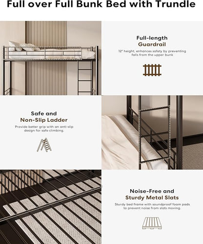 Full Over Full Bunk Bed with Trundle, Heavy Duty Metal Bed Frame with Full-Length Guardrails & Ladder, 3-in-1 Convertible Full Bunk Bed, Noise-Free, No Box Spring Needed, Black