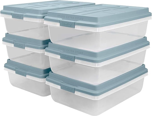Hefty HI-RISE 40 Qt Stackable Storage Bins with Lids – 6 Pack Clear Plastic Under Bed Storage Containers, Shoe Organizer Boxes with XL Lid-Locking Latches, Comfort-Grip Handles, Durable Double Rim