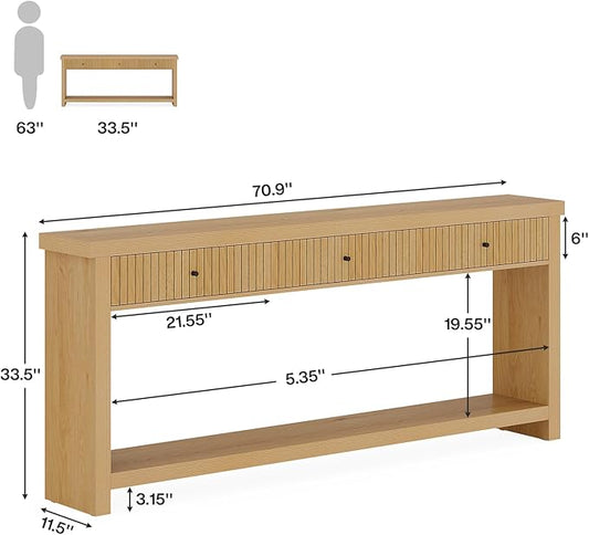 Tribesigns 70.9 inch Console Table with 3 Drawers, Extra Long Entryway Table, Wood Sofa Table Oak Furniture with Open Storage Shelves Wooden Couch Table Foyer Tables for Living Room Hallway Entrance