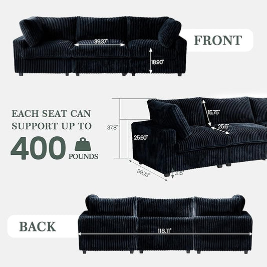 Modern Modular Sectional Sofa Couch, 118.11" Oversized Cloud Sectional Couches, 3 Seat Comfy Modular Sofa for Living Room, Plush Couch Cushion Covers Removable, Black