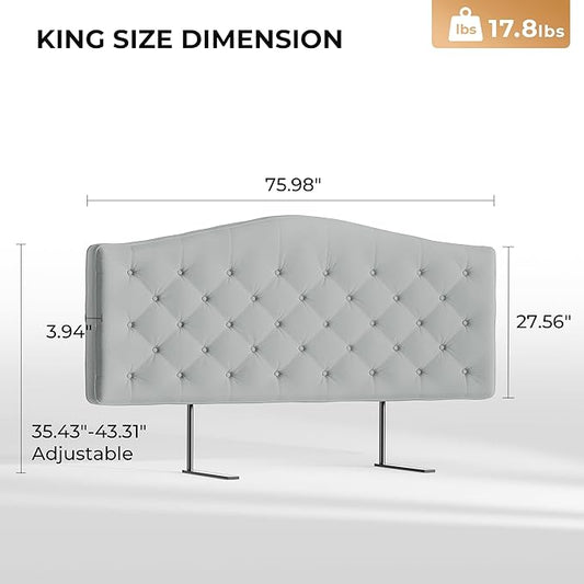 King Headboard Only, Modern Button-Tufted Upholstered Headboard King Size with 4" Thickened High-Density Sponge, Luxury Chenille Fabric, Adjustable Height, Easy Assembly, Grey