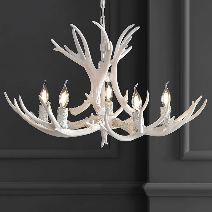 JONATHAN Y JYL6300B Eldora 30" Adjustable Resin Antler 5-Light LED Chandelier, Glam, Rustic,Cottage,Transitional, Dimmable Dining Room, Living Room, Kitchen, Foyer, Bedroom, White